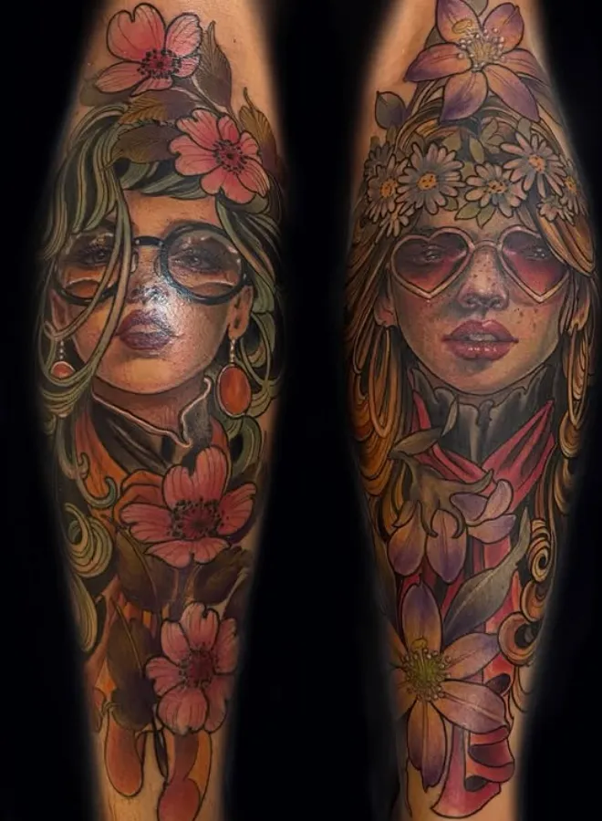 Two women's portrait tattoos framed by flowers and foliage across both forearms.